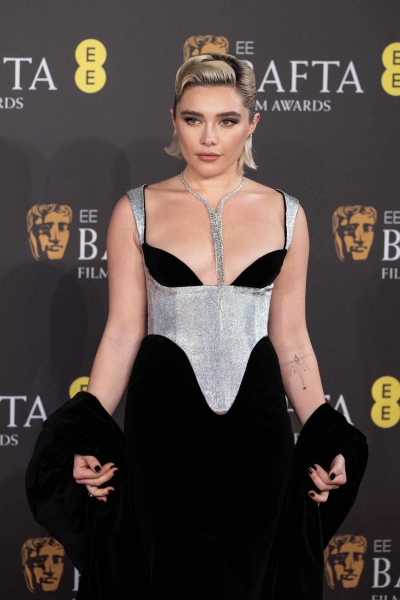 Florence Pugh wore a silver dress with a sheer, bejeweled corset to the 2024 Oscars from Del Core’s Spring/Summer 2024 ready-to-wear collection.