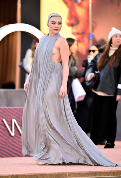 Florence Pugh wore a silver dress with a sheer, bejeweled corset to the 2024 Oscars from Del Core’s Spring/Summer 2024 ready-to-wear collection.