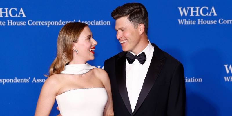 Scarlett Johansson and Colin Jost coordinated in old Hollywood-inspired Armani outfits for their appearance at the White House Correspondents' Dinner on April 27. See the looks here.