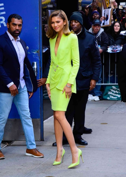 Zendaya stepped out in another tennis-inspired look that included a sheer green dress and a matching cardigan for 'Challengers.'