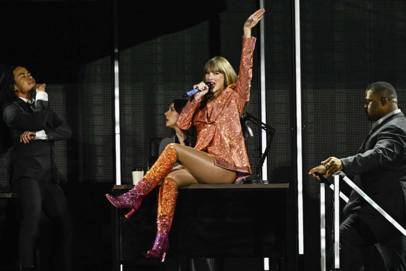 Taylor Swift made changes to her Eras Tour wardrobe, including swapping her signature pink bodysuit for a new one. See the full Versace look, here.